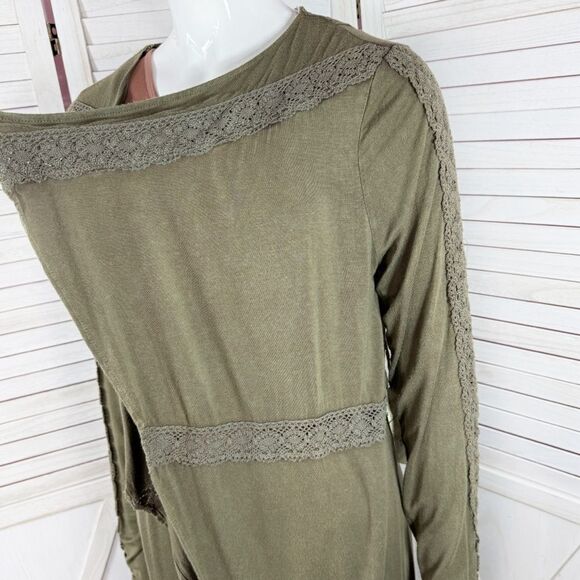 Gimmicks by BKE Buckle Boho Lace Trim Cardigan Duster Olive Green Small - Picture 5 of 11